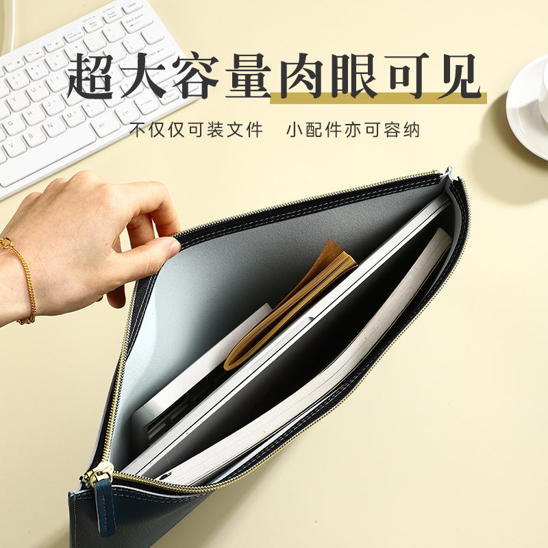 A4 Document Bag Leather Briefcase Conference Storage Bag High-End Waterproof Insurance Policy Folder Pu Zipper Bag - Image 4