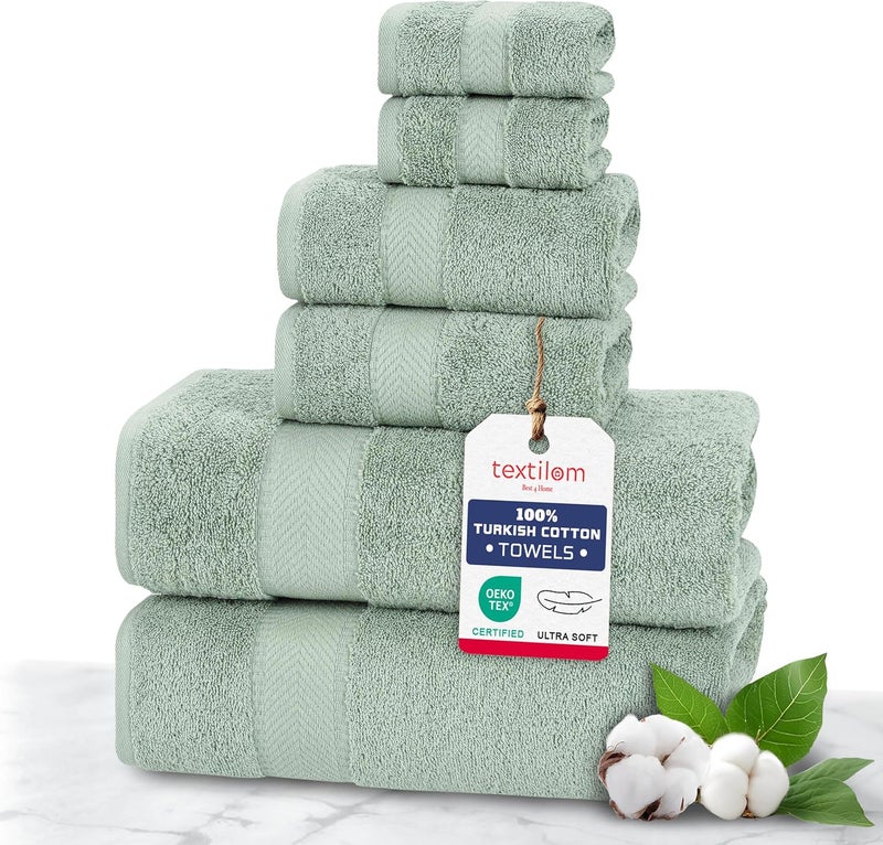 TEXTILOM 100% Turkish Cotton 6 Pcs Luxury Bath Towels, Soft & Absorbent Bathroom Towels Set (2 Bath Towel, 2 Hand Towel, 2 Washcloths)- Green - Image 1
