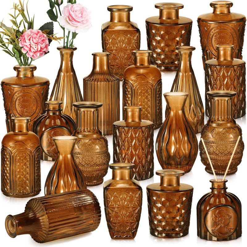 Inbagi 20 Pcs Glass Bud Vase Set - Dark Amber Small Flower Vases Bulk, Vintage Embossed Decorative Bottles for Wedding Valentine Home Table Centerpieces Decor - Image 1