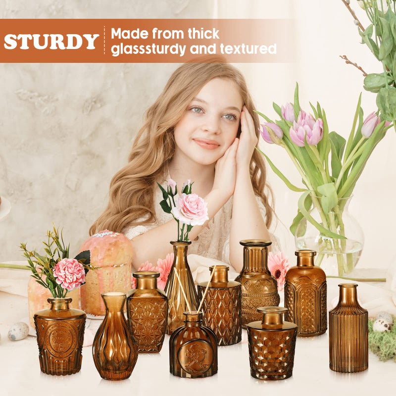Inbagi 20 Pcs Glass Bud Vase Set - Dark Amber Small Flower Vases Bulk, Vintage Embossed Decorative Bottles for Wedding Valentine Home Table Centerpieces Decor - Image 5