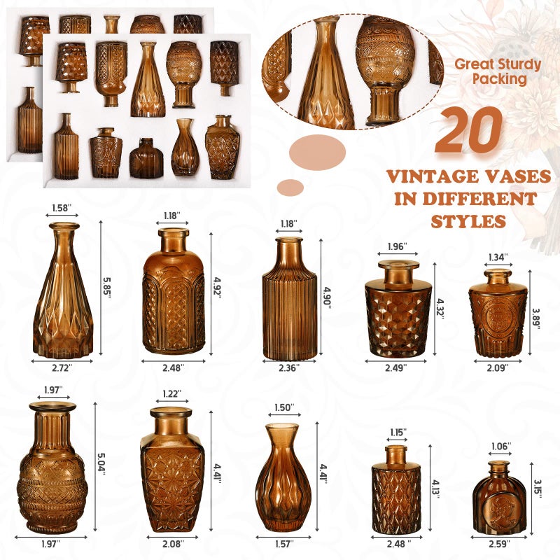Inbagi 20 Pcs Glass Bud Vase Set - Dark Amber Small Flower Vases Bulk, Vintage Embossed Decorative Bottles for Wedding Valentine Home Table Centerpieces Decor - Image 2