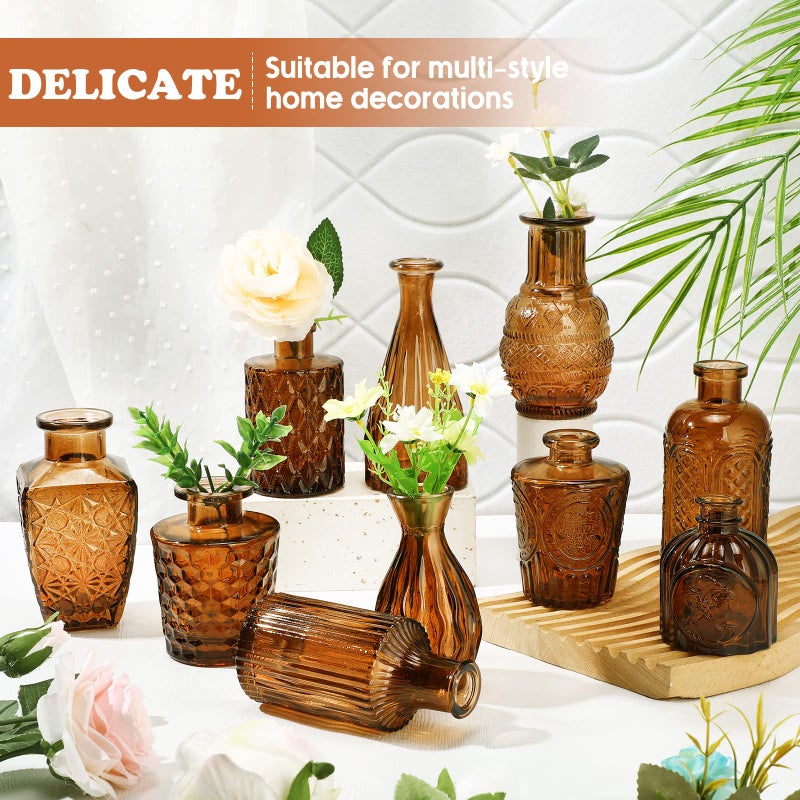 Inbagi 20 Pcs Glass Bud Vase Set - Dark Amber Small Flower Vases Bulk, Vintage Embossed Decorative Bottles for Wedding Valentine Home Table Centerpieces Decor - Image 3