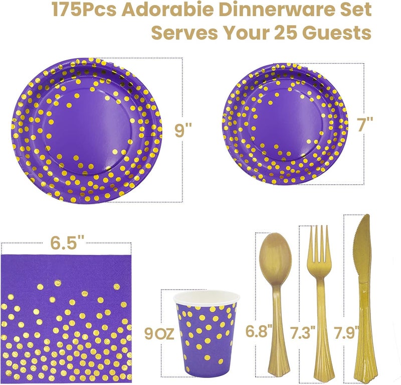 AIRE 175PCS Purple Gold Paper Plates Party Supplies for 25 Guests Party Decorations Disposable Dinnerware Paper Plates Cups Napkins Gold Plastic Forks Knives Spoons for Birthday Baby Shower Wedding - Image 2