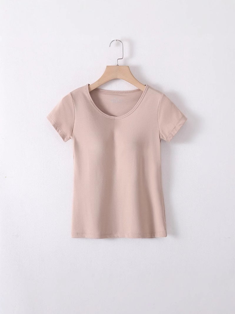 T-Shirt For Women With Chest Pad, All-In-One Long Style, Anti-Exposure Short-Sleeved Top, Bottoming Intimates, Can Be Worn Outside In - Image 5