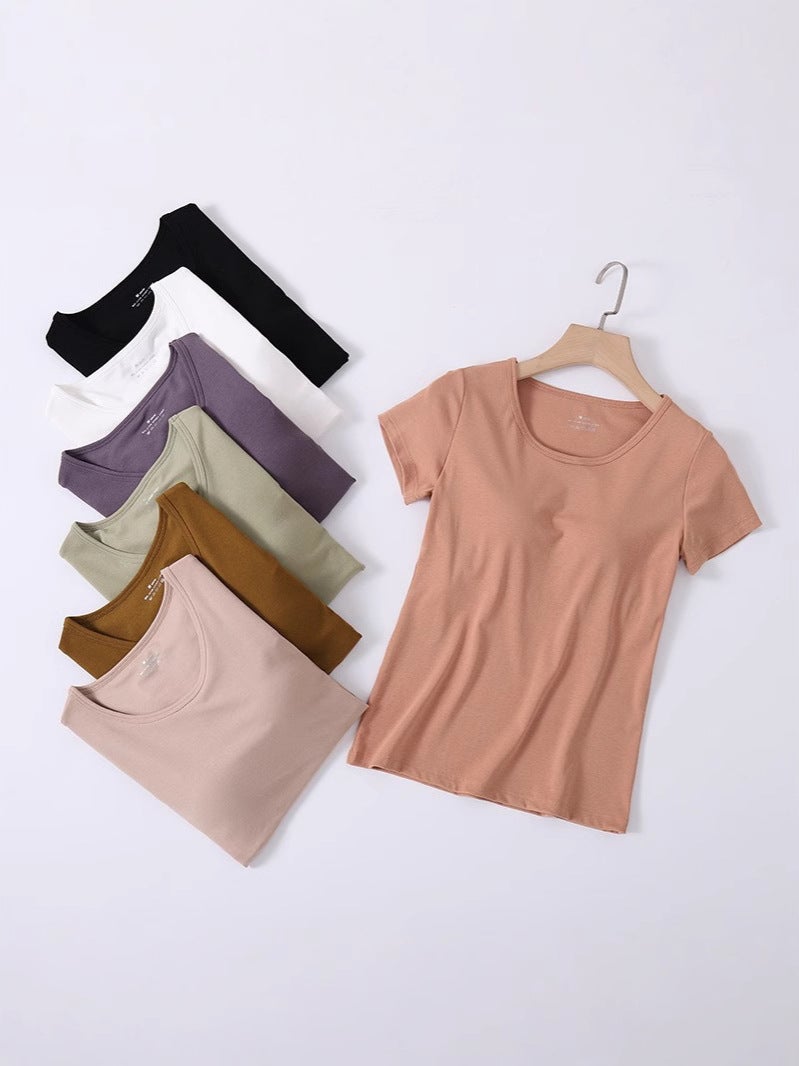 T-Shirt For Women With Chest Pad, All-In-One Long Style, Anti-Exposure Short-Sleeved Top, Bottoming Intimates, Can Be Worn Outside In - Image 2