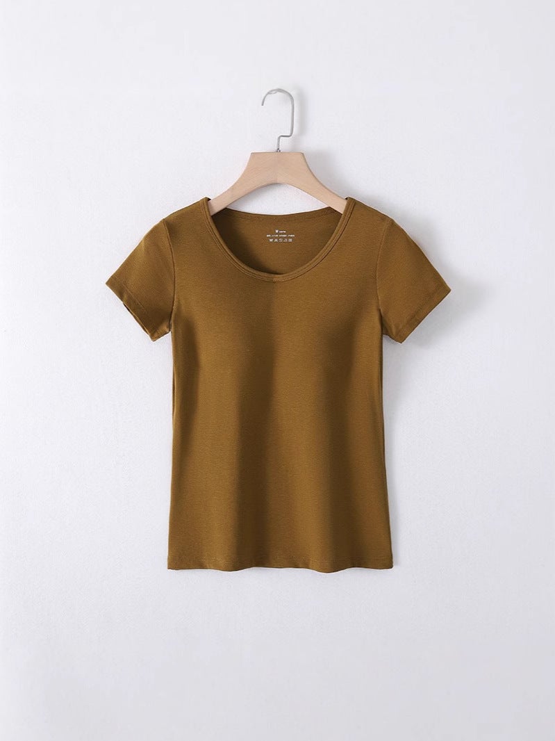 T-Shirt For Women With Chest Pad, All-In-One Long Style, Anti-Exposure Short-Sleeved Top, Bottoming Intimates, Can Be Worn Outside In - Image 4