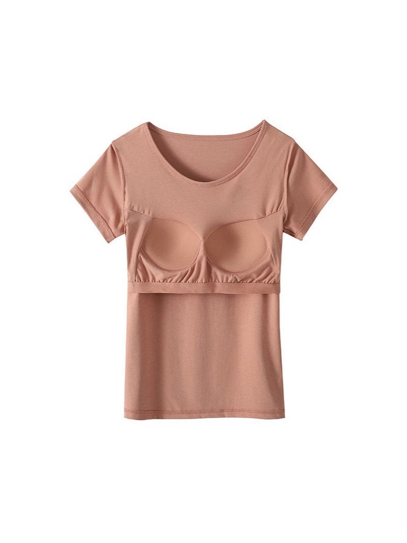 T-Shirt For Women With Chest Pad, All-In-One Long Style, Anti-Exposure Short-Sleeved Top, Bottoming Intimates, Can Be Worn Outside In - Image 3