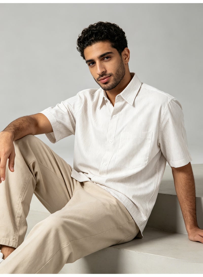 زارا ZARA Men’s Vertical Stripe Short Sleeve Collared Button Down Shirt - Image 1