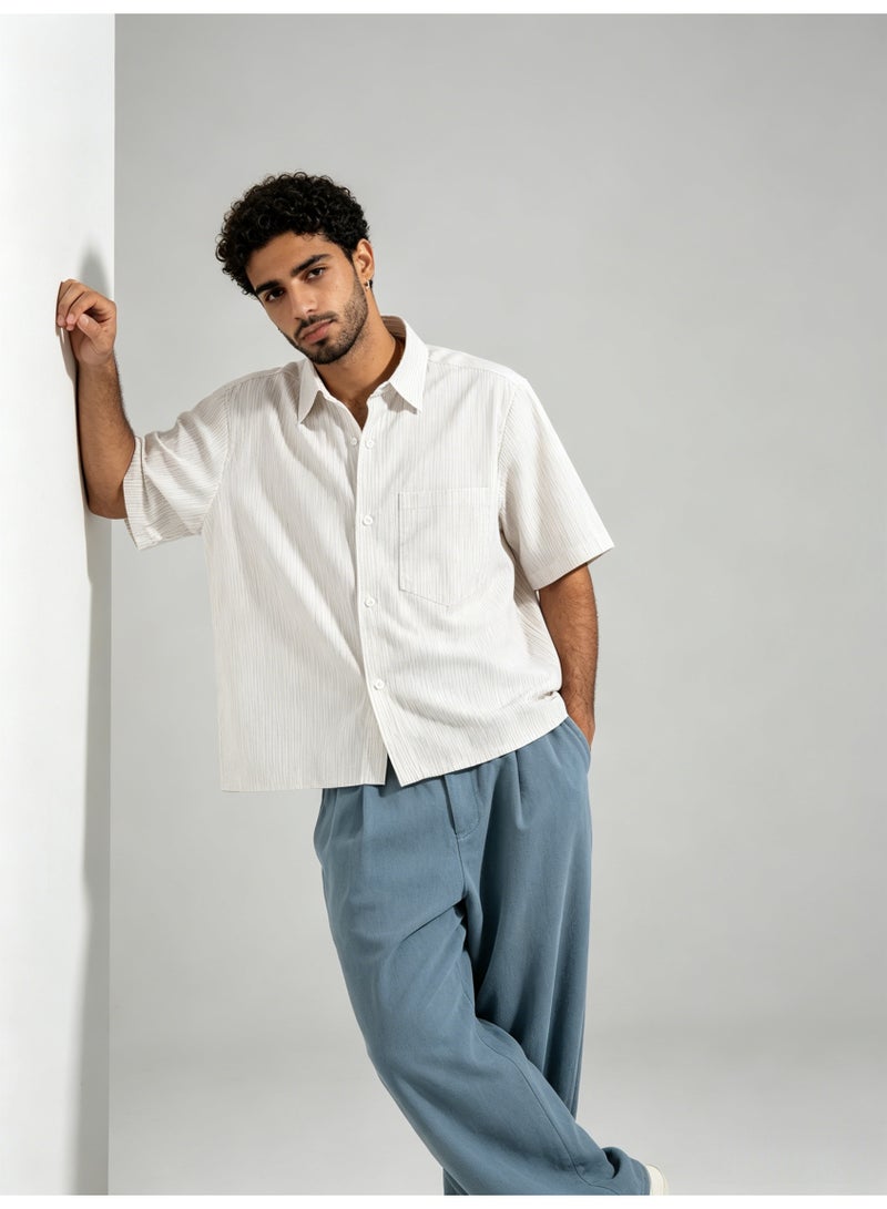 زارا ZARA Men’s Vertical Stripe Short Sleeve Collared Button Down Shirt - Image 5