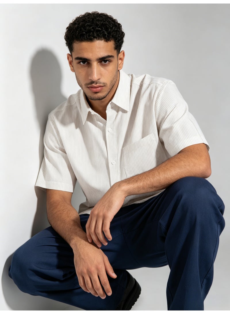 زارا ZARA Men’s Vertical Stripe Short Sleeve Collared Button Down Shirt - Image 2