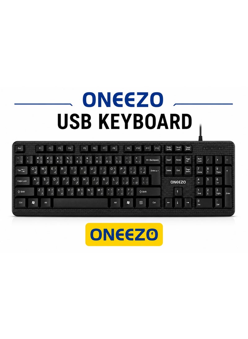 أونيزو لوحة مفاتيح ONEEZO Ctrl 20 سلكية بمنفذ USB | لوحة مفاتيح كاملة الحجم باللغتين الإنجليزية والعربية مع 104 مفتاحًا - Image 1