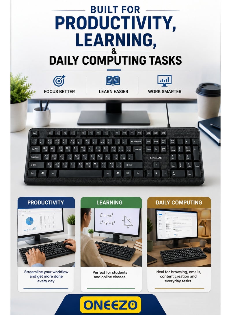 أونيزو لوحة مفاتيح ONEEZO Ctrl 20 سلكية بمنفذ USB | لوحة مفاتيح كاملة الحجم باللغتين الإنجليزية والعربية مع 104 مفتاحًا - Image 3