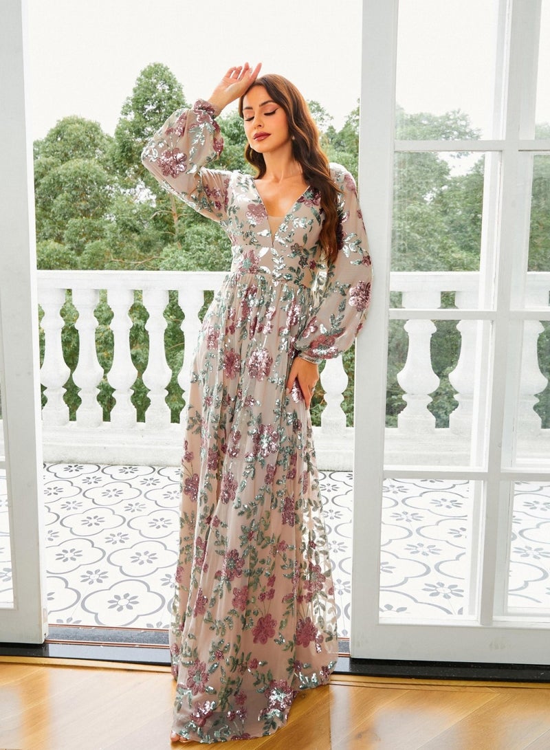 Madam Uniq Elegant Long Sleeve V-Neck Sequin Evening Gown - Image 1