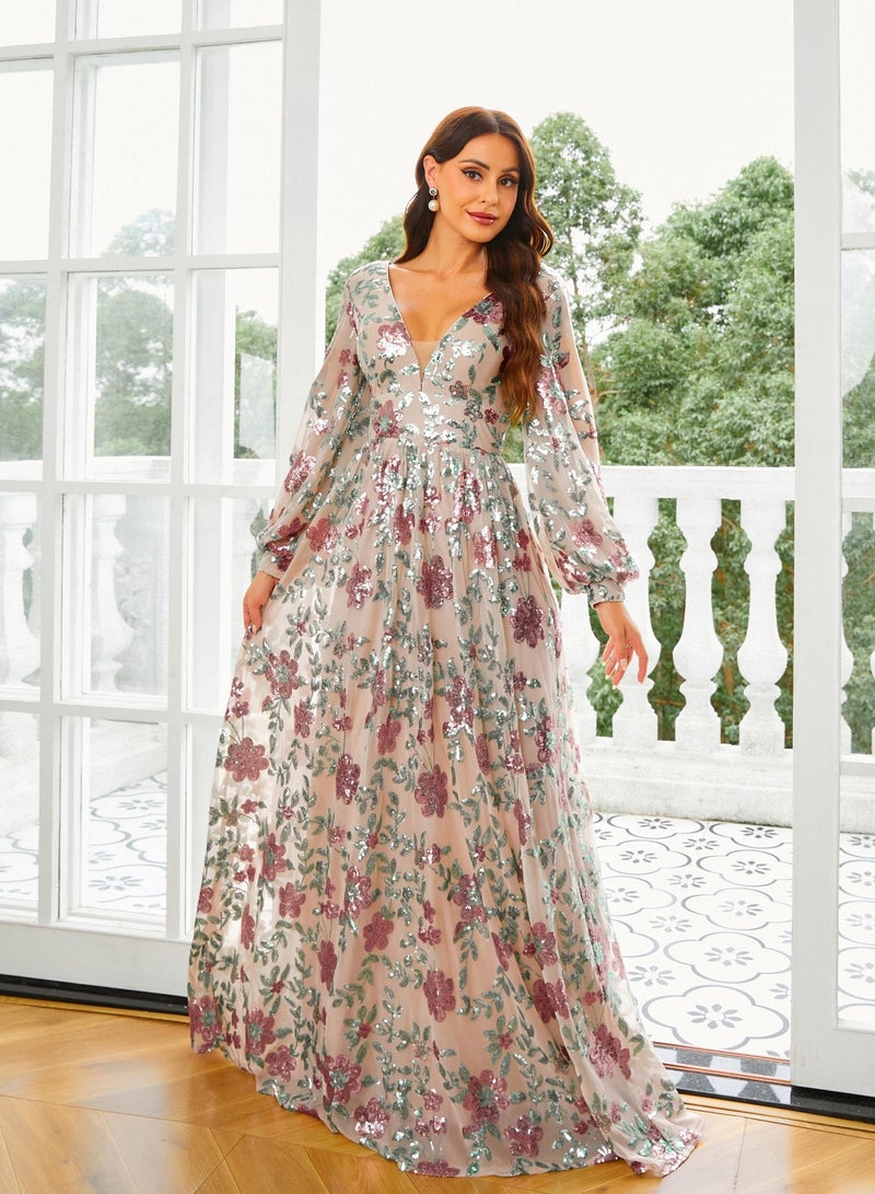 Madam Uniq Elegant Long Sleeve V-Neck Sequin Evening Gown - Image 4