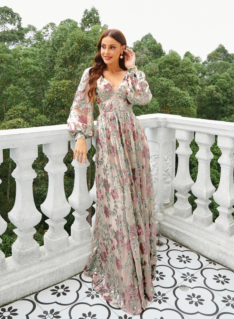 Madam Uniq Elegant Long Sleeve V-Neck Sequin Evening Gown - Image 5