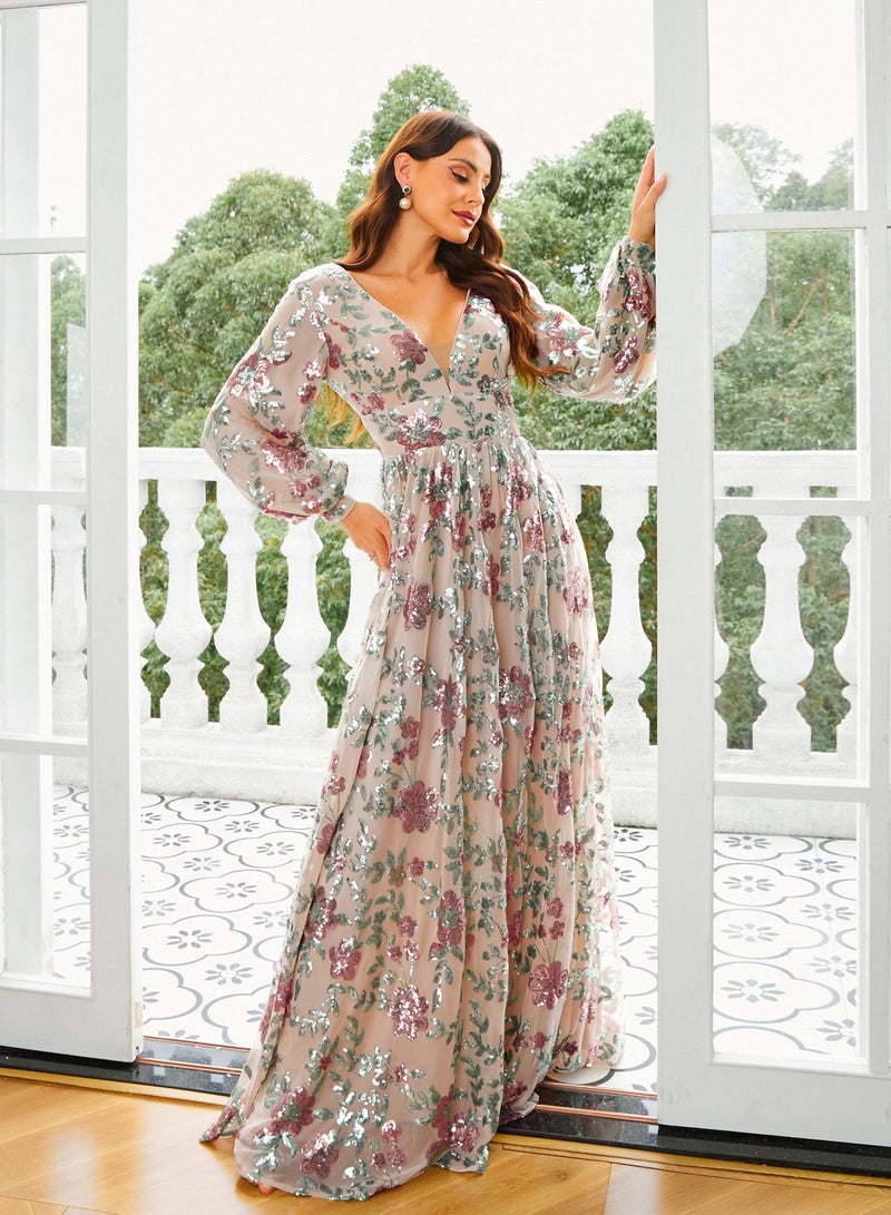 Madam Uniq Elegant Long Sleeve V-Neck Sequin Evening Gown - Image 3