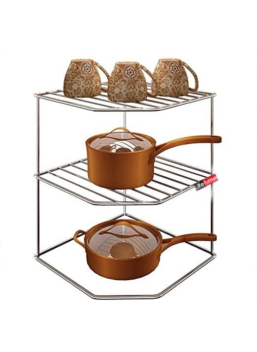Life Time LIFE TIME Sturdy Stainless Steel Corner Shelf Rack for Plates, Bowls & Cups in Kitchen - Size (255 x 255 x 320 mm)  - Image 1
