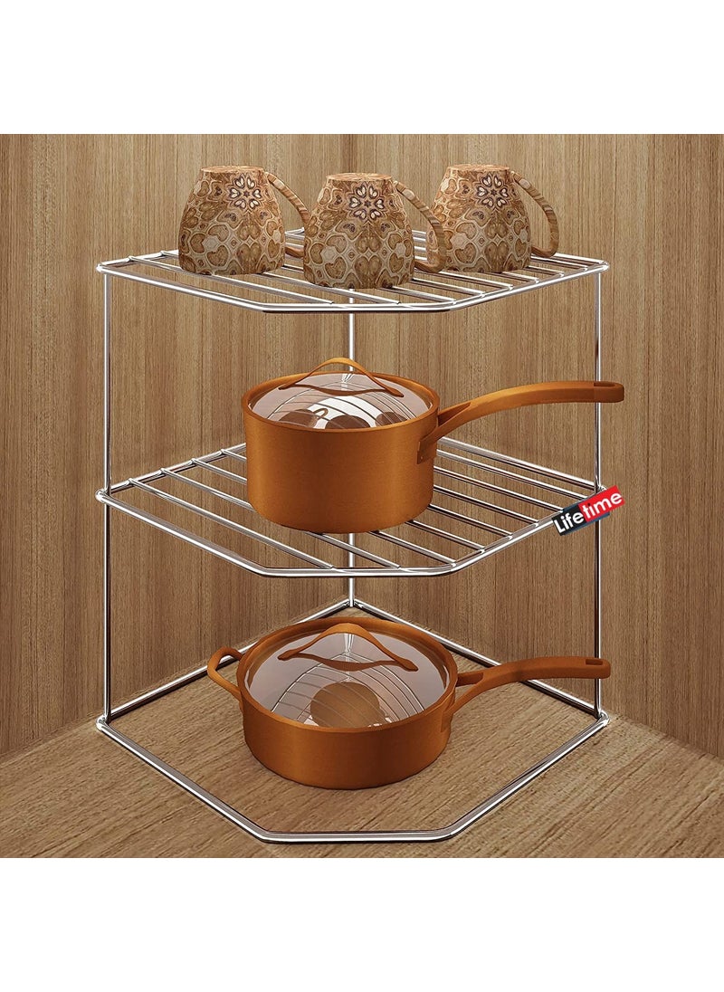 Life Time LIFE TIME Sturdy Stainless Steel Corner Shelf Rack for Plates, Bowls & Cups in Kitchen - Size (255 x 255 x 320 mm)  - Image 2