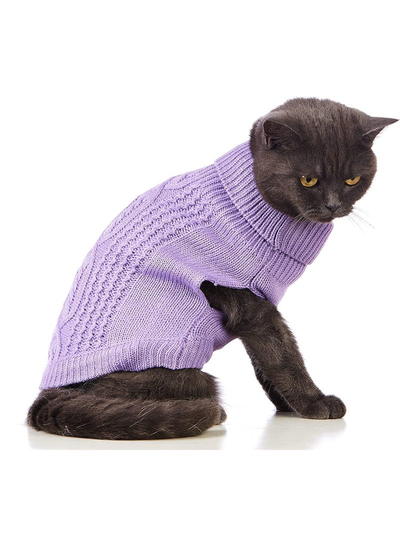 كنزات صوفية محبوكة للقطط، كنزة صوفية محبوكة بدون أكمام بياقة عالية، ملابس شتوية دافئة للقطط والكلاب الصغيرة في فصل الشتاء (بنفسجي، مقاس صغير) - Image 2