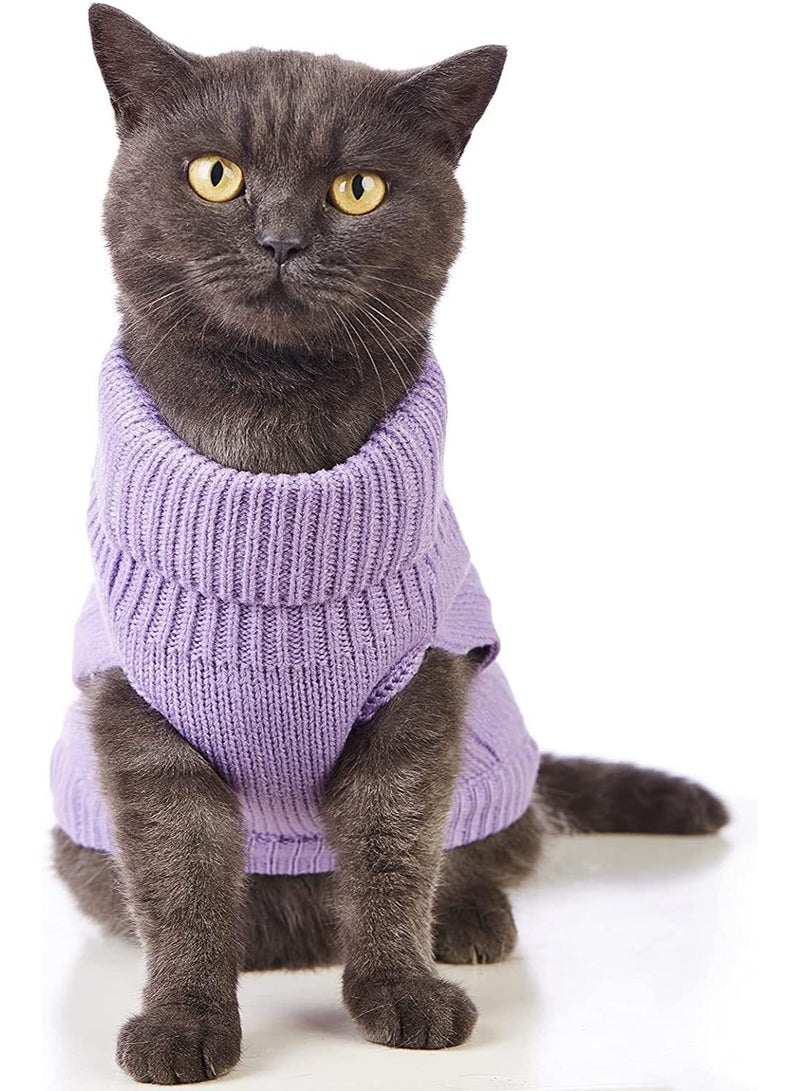 كنزات صوفية محبوكة للقطط، كنزة صوفية محبوكة بدون أكمام بياقة عالية، ملابس شتوية دافئة للقطط والكلاب الصغيرة في فصل الشتاء (بنفسجي، مقاس صغير) - Image 3