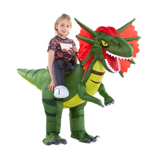 HSCTEK Inflatable Dinosaur Costume Kids Boys Girls, Inflatable Blow Up Riding Dilophosaurus Costume Child, Ride On Halloween Costume Children - Image 1
