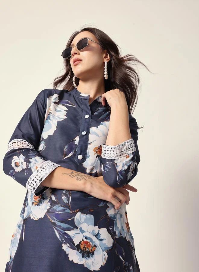 ISHIN Women's Teal Blue Muslin Textured Tunic Full Palazzo Regular Fit Kurta Set