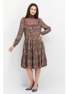 French Connection Women Allover Print Midi Dress, Brown Combo  - Image 1