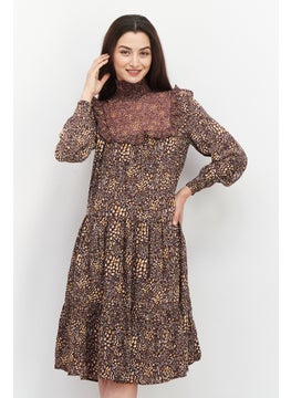 French Connection Women Allover Print Midi Dress, Brown Combo  - Image 3