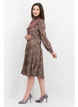 French Connection Women Allover Print Midi Dress, Brown Combo  - Image 2