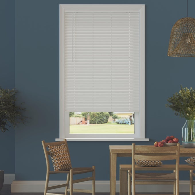 ROOM DARKENING CORDLESS MINI BLIND 29 W X 64 L WHITE OVER 1400 CUSTOM SIZES STARTING AT 997 DURABLE 1 VINYL SLATS SMOOTH LIFT OPERATION HORIZONTAL WINDOW SHADES BY