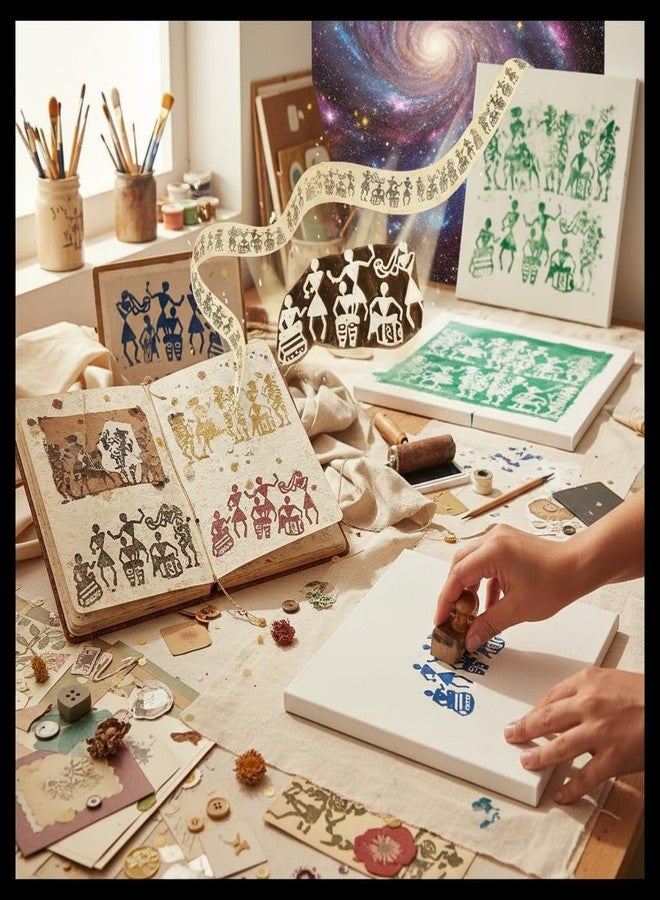 إتسي-بيتسي قالب طباعة خشبي صغير منحوت يدويًا، عليه صورة موسيقيين من قبيلة وارلي، مقاس 2 بوصة عرضًا و3 بوصات حجمًا كبيرًا، قطعة واحدة، ختم خشبي فني شعبي عرقي للأقمشة والحرف اليدوية - Image 4