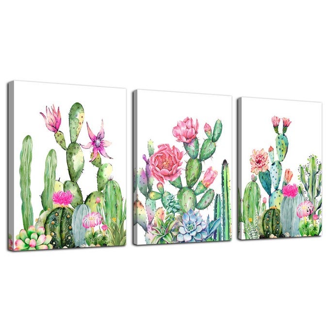 CANVAS WALL ART FOR LIVING ROOM BATHROOM WALL DECOR FOR BEDROOM KITCHEN ARTWORK CANVAS PRINTS GREEN CACTUS FLOWERS PAINTING 12 X 16 3 PIECES MODERN FRAMED OFFICE HOME DECORATIONS FAMILY PICTURE