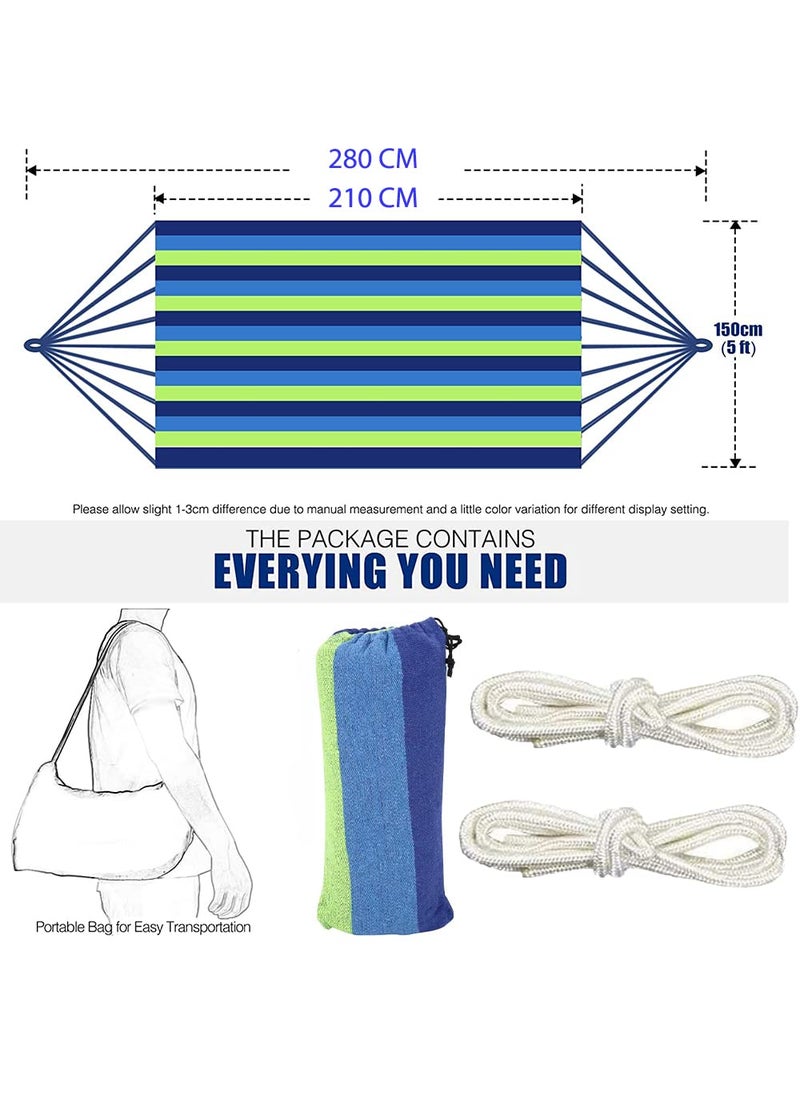 FS COOL - FS COOL Large Portable Double Width Hammock Two Person Bed Camping Hammock Hanging Swing Hammock Canvas Striped Adjustable Bed with Rope for Garden Patio Garden Lightweight and Easy to Carry Blue - Image 1