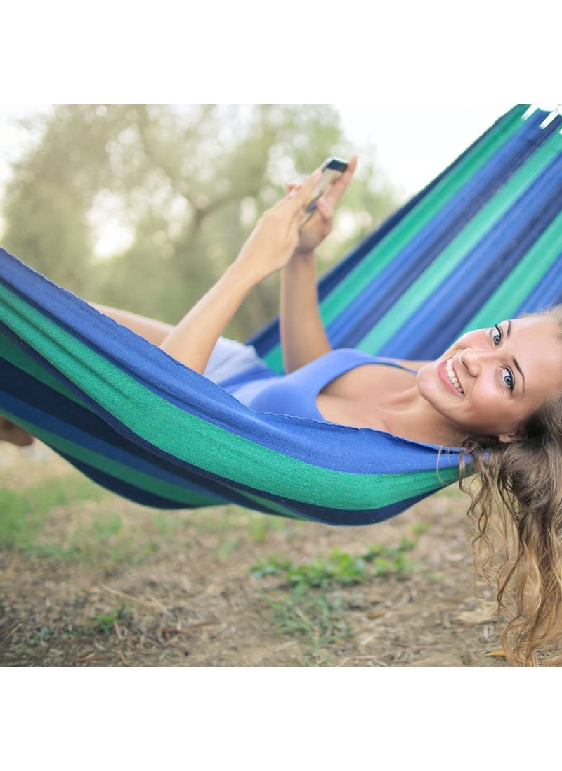 FS COOL - FS COOL Large Portable Double Width Hammock Two Person Bed Camping Hammock Hanging Swing Hammock Canvas Striped Adjustable Bed with Rope for Garden Patio Garden Lightweight and Easy to Carry Blue - Image 1