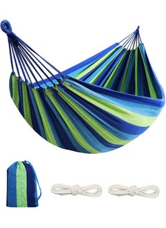 FS COOL FS COOL Large Portable Double Width Hammock Two Person Bed Camping Hammock Hanging Swing Hammock Canvas Striped Adjustable Bed with Rope for Garden Patio Garden Lightweight and Easy to Carry Blue  - Image 1