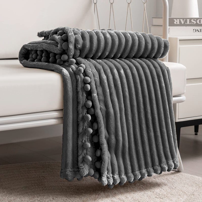 DISSA Fleece Blanket Twin Size  60x80 Dark Grey  Soft Plush Fluffy Fuzzy Warm Cozy  Perfect Throw for Couch Bed Sofa  with Pompom Fringe  Flannel Blanket Throw Blanket