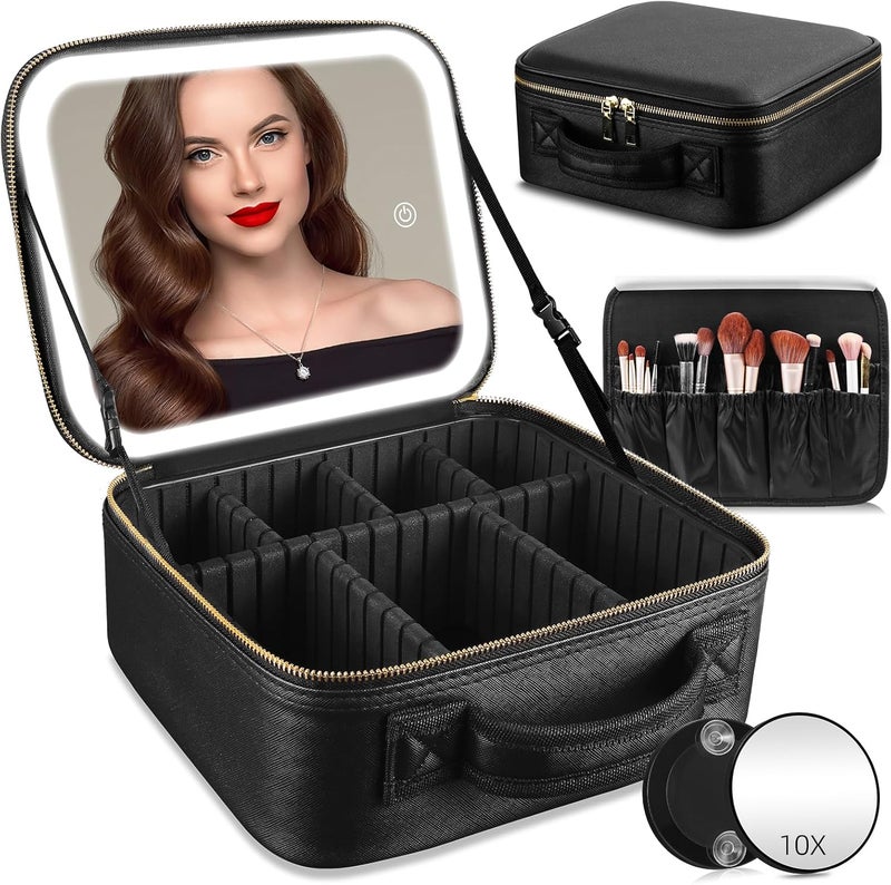 RRtide Travel Makeup Bag with Mirror of LED Lighted, Makeup Train Case with Adjustable Dividers, Makeup Case with Mirror and Detachable 10x Magnifying Mirror
