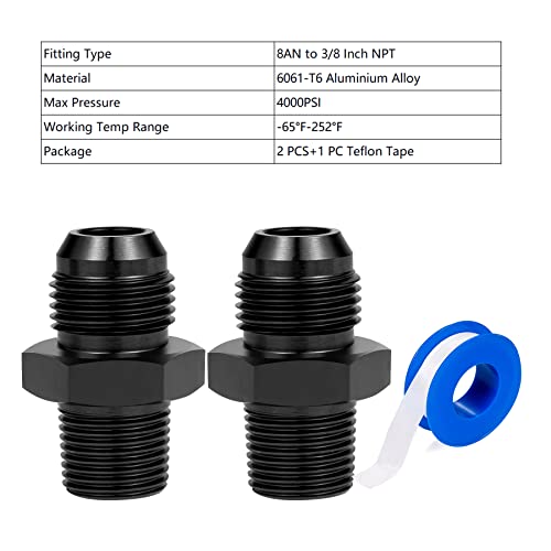 Breezliy 8AN Flare to 38 NPT Pipe Adapter Fitting Aluminum AN8 Male Flare to 38 NPT Male Thread Fuel Hose Connector Straight Black Anodized 2PCS - Image 5