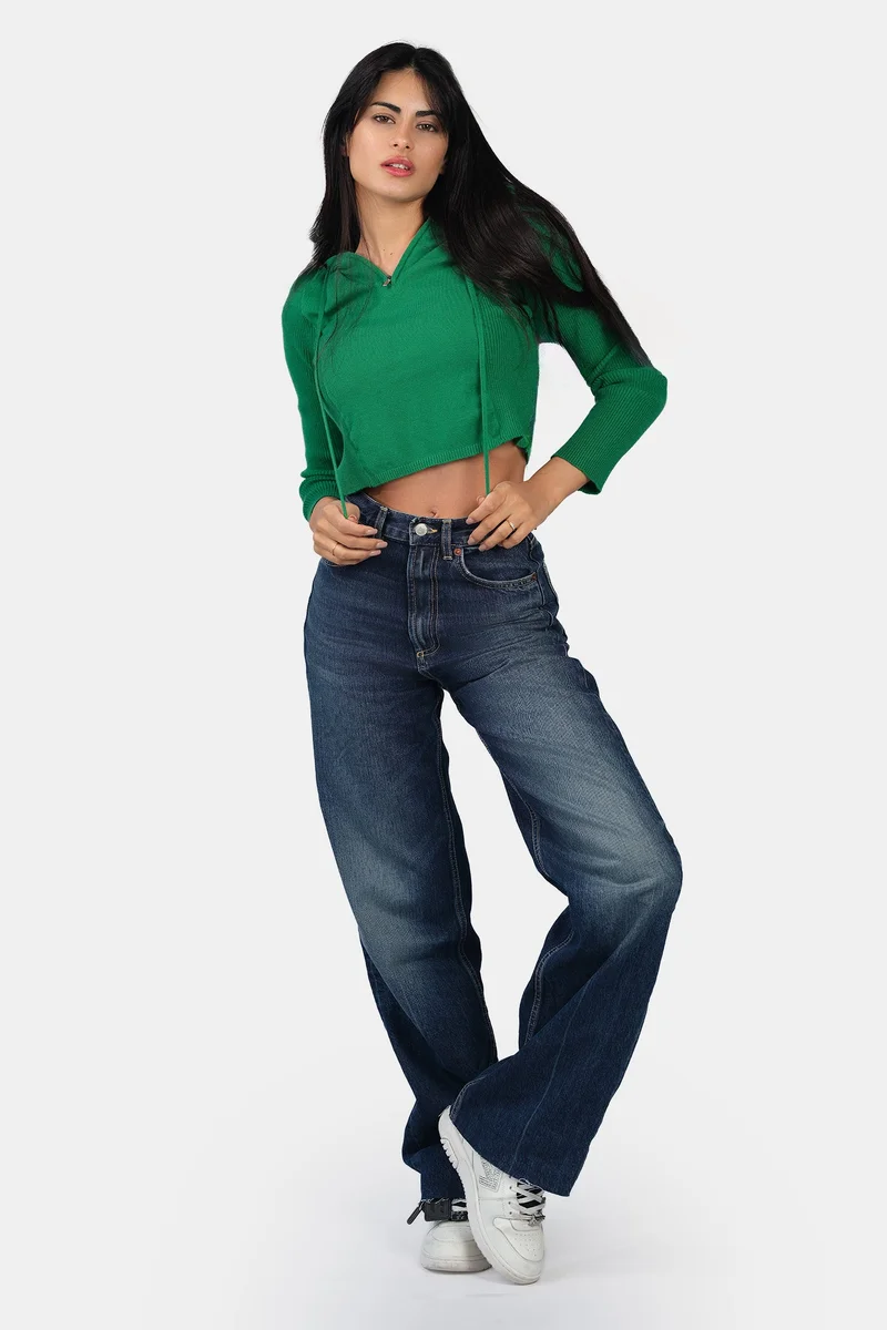 فيرجيو Self Design Viscose Half Zip Slim Fit Knit Hoodie for Women