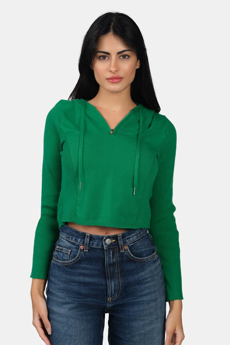 فيرجيو Self Design Viscose Half Zip Slim Fit Knit Hoodie for Women