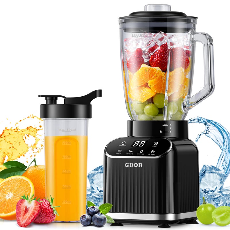 GDOR Professional Blender for Kitchen, 1200 Peak Watts Smoothie Blender, 5 Functions for Ice Crushing & Frozen Fruit, 52 Oz Glass Jar & 24 Oz To-Go Cup Combo, Self-Cleaning, Black - Image 1