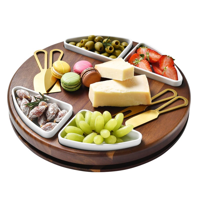 Shanik Shanik Upgraded Lazy Susan Cheese Cutting Board Set  Round Acacia Charcuterie Board With 4 Ceramic Bowls  Wedding Gifts  Cheese Serving Platter  Bridal Shower 