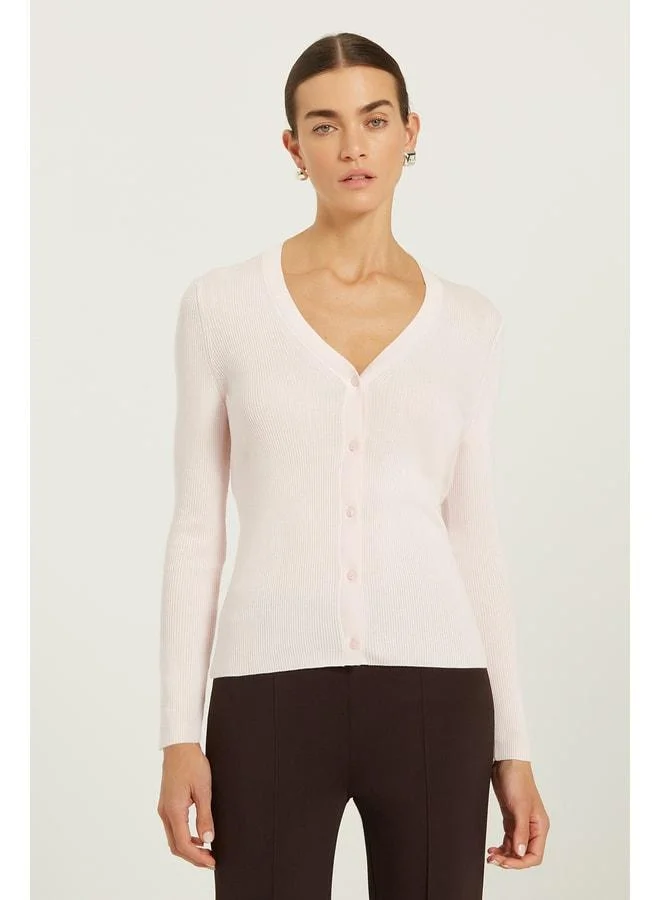 Mısırlı 1951 Dust Pink V-Neck Ribbed Women's Cardigan.