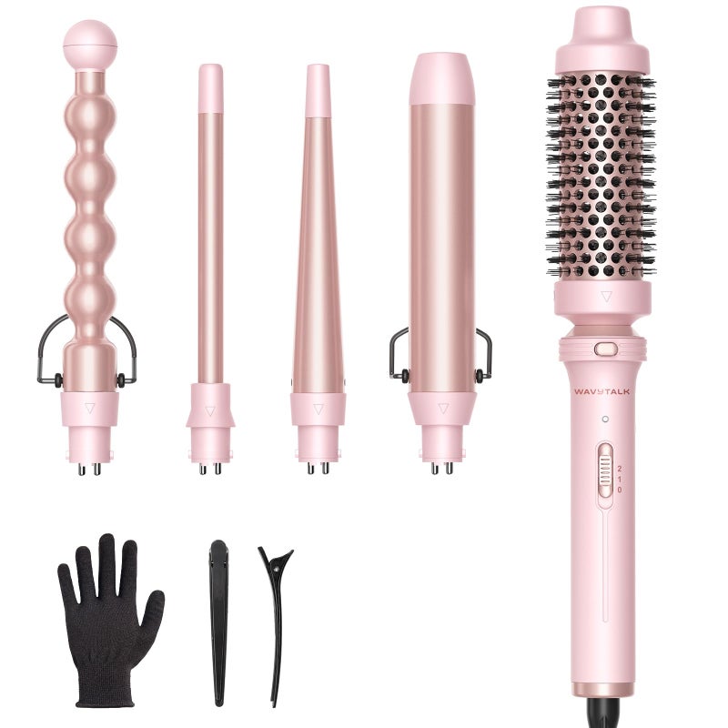 Wavytalk 5 in 1 Curling Iron,Curling Wand Set with Curling Brush and 4 Interchangeable Ceramic Curling Wand(0.5â€-1.25â€),Instant Heat Up,Include Heat Protective Glove & 2 Clips (Pink) - Image 1