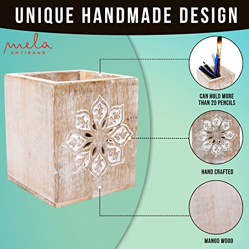 Mela Artisans Wooden Pen Holder for Desk Cute - Serena, Whitewash | Pencil Cups for Desk Decorative | Rustic Farmhouse Decor | Elegant Office Supplies for Home | 4” x 3.5” x 3.5” - Image 2
