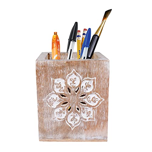 Mela Artisans Wooden Pen Holder for Desk Cute - Serena, Whitewash | Pencil Cups for Desk Decorative | Rustic Farmhouse Decor | Elegant Office Supplies for Home | 4” x 3.5” x 3.5” - Image 1