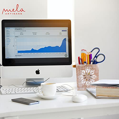 Mela Artisans Wooden Pen Holder for Desk Cute - Serena, Whitewash | Pencil Cups for Desk Decorative | Rustic Farmhouse Decor | Elegant Office Supplies for Home | 4” x 3.5” x 3.5” - Image 3