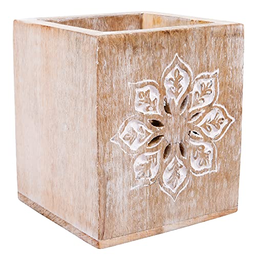 Mela Artisans Wooden Pen Holder for Desk Cute - Serena, Whitewash | Pencil Cups for Desk Decorative | Rustic Farmhouse Decor | Elegant Office Supplies for Home | 4” x 3.5” x 3.5” - Image 4