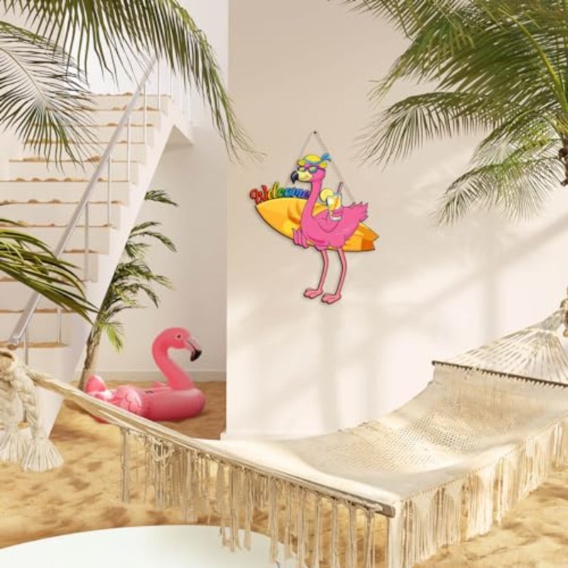 Summer Welcome Sign Flamingo Wooden Hanging Decor for Indoor Outdoor Flamingo Wall Plaque Hanging Artwork Flamingos Wall Decor for Home Room Door Patio Yard Decor - Image 4