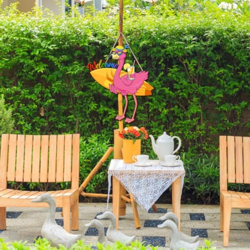 Summer Welcome Sign Flamingo Wooden Hanging Decor for Indoor Outdoor Flamingo Wall Plaque Hanging Artwork Flamingos Wall Decor for Home Room Door Patio Yard Decor - Image 5